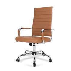 a brown office chair with chrome frame and leather upholstered seat, viewed from the front