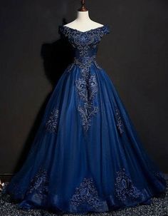 Party Dresses With Sleeves, Off Shoulder Ball Gown, Princess Prom Dresses, Lace Evening Dress, Custom Prom Dress, Blue Ball, Blue Tulle