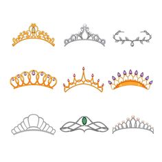 six tiaras are shown in different colors and shapes, each with a diamond on top