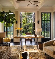 a living room filled with furniture and windows next to a large window covered in plants