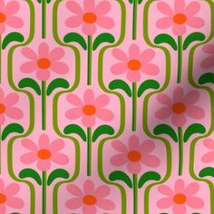 a pink flower pattern with green stems and orange centers is shown on the side of a wallpaper