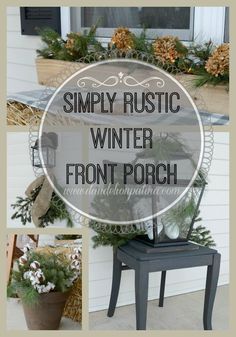 an advertisement for a winter front porch with flowers and plants on the side of it