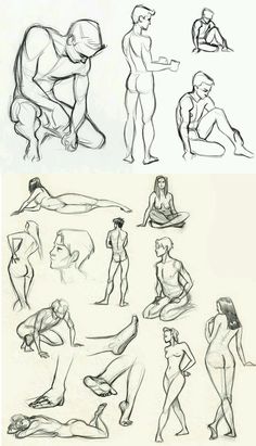 some sketches of people sitting and standing in different positions, with one man kneeling down