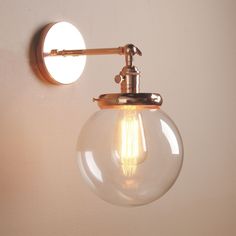 a light that is on the side of a wall next to a lamp fixture with a bulb in it