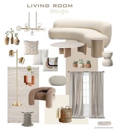 living room design mood board with furniture and accessories