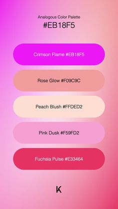 Analogous Color Palette Crimson Flame #EB18F5 · Rose Glow #F09C9C · Peach Blush #FFDED2 · Pink Dusk #F59FD2 · Fuchsia Pulse #E33464 Analogous Color, Ballerina Pink, Hex Color Codes, Peach Blush, Hex Codes, Pink Ballerina, Neon Colors