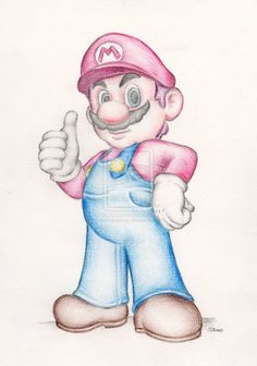 a drawing of a mario bros character giving the thumbs up sign with both hands and wearing overalls