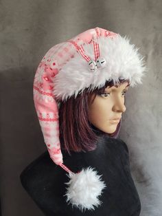 SIZING   All of these hats will fit average heads of 22 to 23 inches.    They're made from a super soft, plush Nordic snowflake print in pink, white and red. The inside is lined with a soft, and comfy sherpa fur. The brims are a chunky sherpa white faux fur that are cut generously so they can be cuffed down. The balls are attached with a red and white gingham ribbon, and this is the same ribbon that ties the little sets of bells available on the brim. The bells are so cute! They're little enamel Nordic Snowflake, Red And White Gingham, Snowflake Print, White Fleece, Red Sequin, White Snowflake, White Faux Fur, Pink Sequin, Christmas Hat