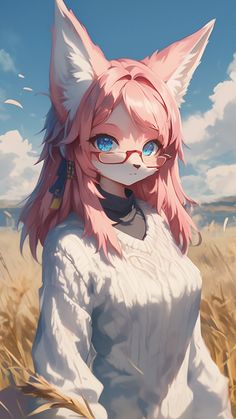 an anime character with pink hair and blue eyes standing in a wheat field looking at the camera