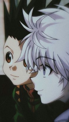 two anime characters one with short hair and the other with white hair looking at each other