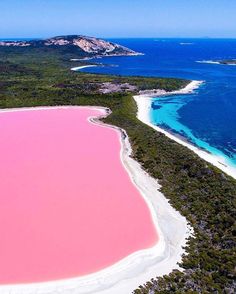 an instagram page with pink water in the middle and white sand at the bottom