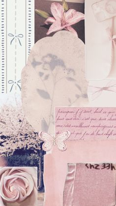 a collage with pink flowers and pictures on it