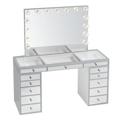 a white vanity with drawers and lights on it