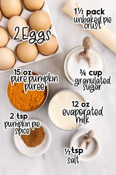 the ingredients to make an egg recipe are shown in separate bowls and labeled on each side