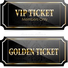 two black and gold tickets with the words golden ticket on them royalty illustration stock images