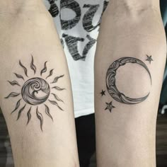 two people with matching tattoos on their arms, one has a crescent and the other has a star