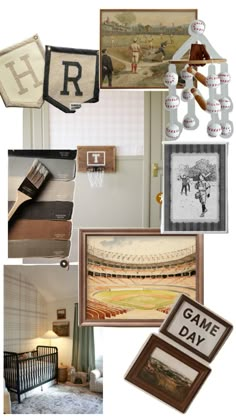 a collage of photos with pictures and words on the wall, including an old fashioned baby's crib