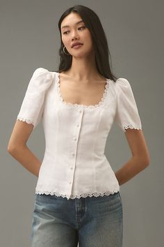 The Reformation Anabella Linen Top elevates casual chic with its breezy linen fabric and flattering square neckline, perfect for effortless summer styling. | Anabella Linen Top by Reformation in White, Women's, Size: 8 at Anthropologie Sweetheart Neckline Top, Romantic Tops, Unique Blouse, Princess Seams, 2024 Fashion, Vintage Inspired Design, Scalloped Lace, Top Design, Sweetheart Neck