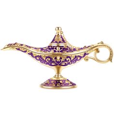 an ornate purple and gold teapot on a white background with clipping for text