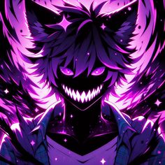 an anime character with purple hair and fangs on his face, standing in front of stars