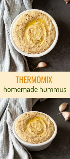 two white bowls filled with hummus next to garlic on a gray surface and the words thermomix