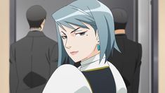 an anime character with blue hair standing in front of other people wearing black and white outfits