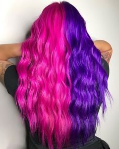 Purple And Pink Split Hair, Vivid Summer Hair Color, Hair Color Ideas Half And Half, Pink And Purple Split Dye, Two Tone Split Hair Color Ideas, Half And Half Hair Color, Bright Hair Color Ideas, Purple And Pink Hair, Pink And Purple Hair