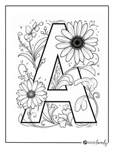 the letter a is decorated with flowers and daisies in black and white coloring pages