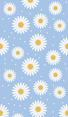 a blue background with white daisies and polka dots on the bottom, in yellow