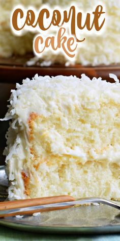 a close up of a slice of coconut cake on a plate