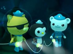 three cartoon characters are standing in front of a dark background with light coming from behind them