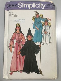 "This is a Simplicity pattern for a girl's costume dress and accessories. Size 10-12 Breast 28.5-30\" Pattern is uncut and factory folded" Witch Princess, Halloween Costume Patterns, Belt Ribbon, Cord Belt, Fairy Witch, Paper Wings, Patron Vintage, Paper Crown, Costume Sewing Patterns