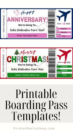 an airplane ticket with the words merry christmas and boarding pass templates written below it