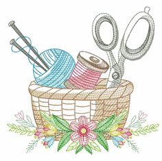 a basket filled with yarn and scissors