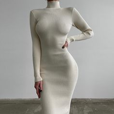 Style: Elegant Fit: Slim Fabric: Jersey Pattern: Solid Element: Rib Neckline: Turtle/High Neck Sleeve Type: Regular Sleeve Length: Long Sleeve Product Type: Bodycon Dress,Sweater Dress Occasion: Daily Dress/Skirt Length: Midi Main Composition: Polyester Season: Fall/Winter Long Sleeve Bodycon Midi Dress, White Knit Dress, Turtleneck Midi Dress, Streetwear Dress, Striped Knit Dress, Winter Chic, Mini Robes, Womens Knit Dresses, White Dresses For Women