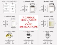 the 7 candle size chart for candles and care instructions