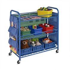 a blue rolling cart with stuffed animals and toys on the bottom shelf is filled with storage bins