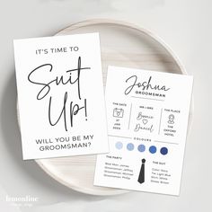 two cards that say it's time to suit up and will you be my groomsman?