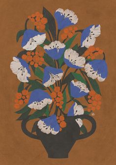 a painting of blue and white flowers in a black vase on a brown background with leaves