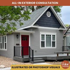 a small gray house with red door and black railing on the front porch is featured for an advertisement