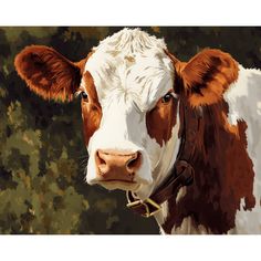 a painting of a brown and white cow