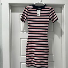 Nwt. H&M T-Shirt Dress. Size 4. Pink, Navy And White Stripes. Fitted. Above The Knee Pink Stretch Crew Neck Dress, Pink Stretch Dress With Crew Neck, Cotton Bodycon Mini Dress With Short Sleeves, Trendy Pink Crew Neck Dress, Fitted Summer T-shirt From H&m, H&m Pink Casual Mini Dress, Casual Pink Mini Dress By H&m, H&m Fitted T-shirt For Spring, Fitted H&m T-shirt For Spring