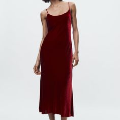 Zara Velvet Slip Dress Zw Collection Red Sz L Bnwt Latest Long Dresses, Zara Slip Dress, Zara Midi Dress, Velvet Slip Dress, Flowy Design, Zara Outfit, Maxi Slip Dress, Cotton Midi Dress, Pleated Midi Dress