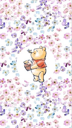 a drawing of a teddy bear holding a piece of paper with flowers in the background