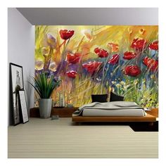 a bedroom with a large painting on the wall next to a bed and vases