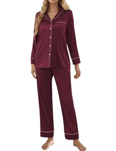 PRICES MAY VARY. SOFT SATIN PAJAMAS SET: KCW silk pajamas are made of high quality fabric, very soft and comfortable, can be worn in summer or all year round, allowing you to relax in your daily life, machine washable and hand washable SHORT/ LONG SLEEVE BUTTONED TOP: This loungewear features a full button front, contrast piping, v-neckline and chest pockets for easy on and off. This design is also great for maternity, postpartum nursing, and nursing at home or in the hospital CLASSIC SILK PAJAM Sleepwear Outfits, Bridesmaid Get Ready Outfit, Womens Pj Sets, Postpartum Nursing, Long Pajama Pants, Silk Pajama Pants, Silk Pajamas Women, Pajamas For Women, Pyjamas Womens