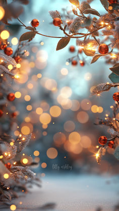 a christmas scene with lights and snow on the ground in the foreground is blurry boke