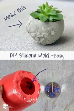 two pictures showing how to make a flower vase with clay and plastic flowers in it