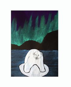 a painting of a polar bear in the water with an aurora bore behind it and green lights