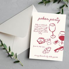 a card with some wine glasses and other items on it next to an envelope that says, poker party